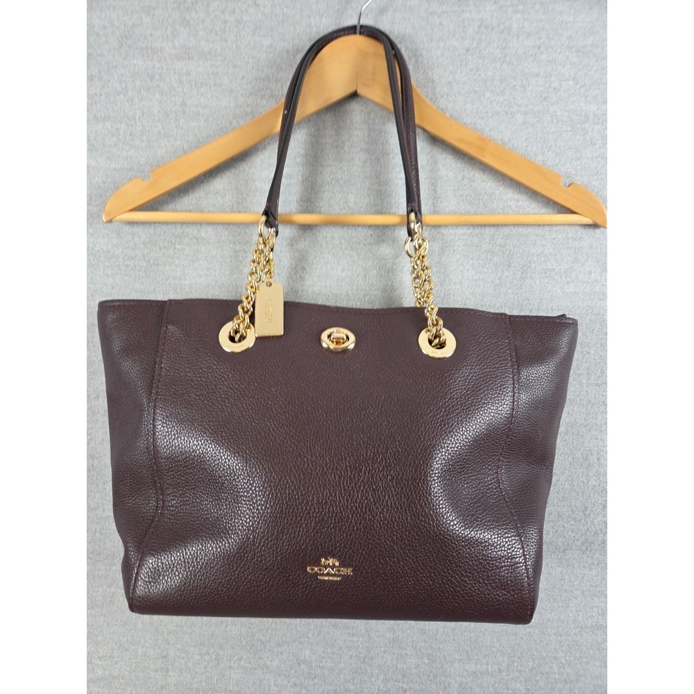 Coach Turnlock Gold Chain Hardware Pebble Leather Shoulder Bag Maroon Logo Tag